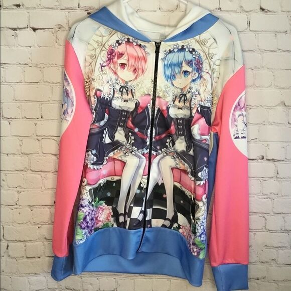 Death Or Kiss Rem&Ram Japan Anime Full Zip Hoodie Women Sweatshirt Size L. - Picture 12 of 14